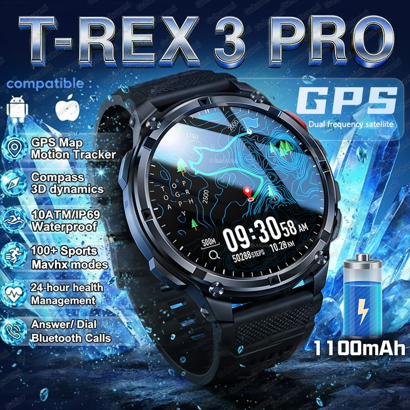 2026 Neue T-Rex3 Pro GPS-Tracker Smartwatch für Herren 120 Tage Standby 1100mAh Uhr Robuste Outdoor-Sport 10ATM Wasserdichte Anruf-Uhr Image
