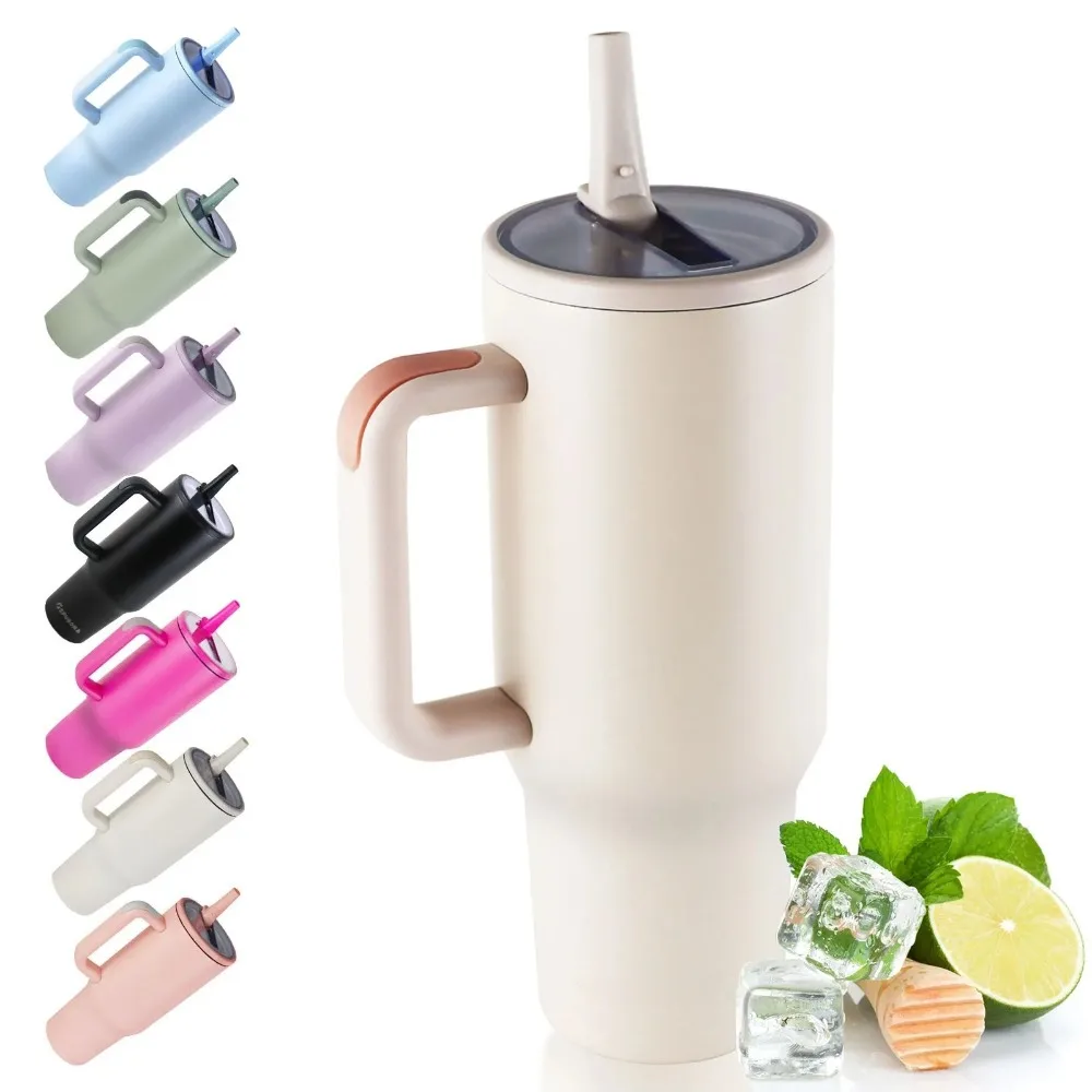 Isolierter 40-Unzen-Becher mit Griff und Flip-Top-Strohhalm, doppelwandige 12-Stunden-isolierte Wasserflasche, auslaufsicher, BPA-frei Image