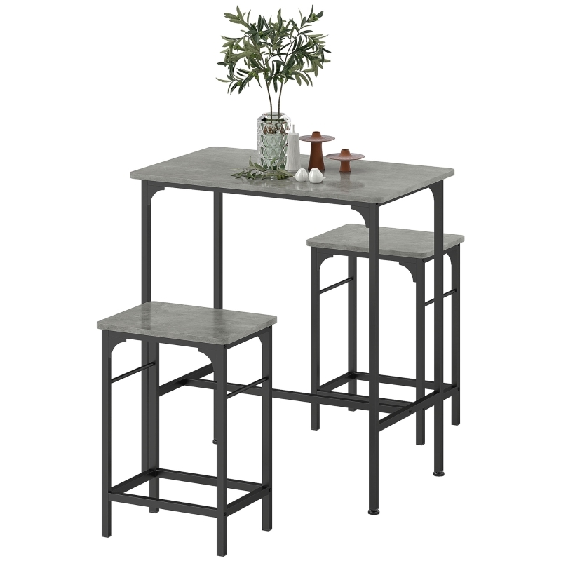 MODFU Bartisch Set mit 2 Barhockern 80x50x87 cm Grau+Schwarz, Stahlgestell mit verstellbaren Füßen, platzsparend für Küche und Hausbar