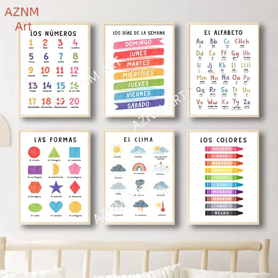 1PC Pädagogisches Spanisch Alphabet Anzahl Wetter Kindergarten Wand Kunst Leinwand Malerei Poster Und Drucke Bild Für Baby Kinder Zimmer