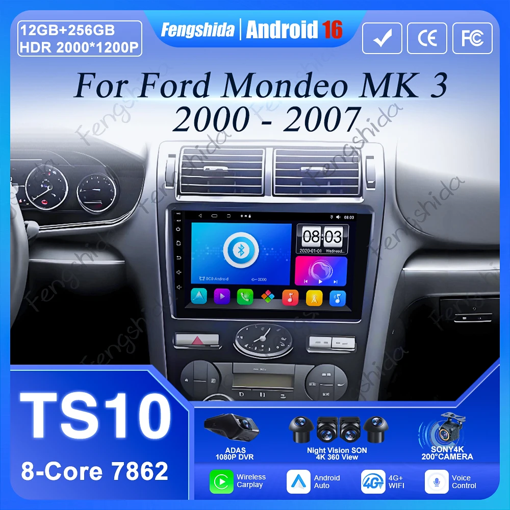 Android 16 Autoradio für Ford Mondeo MK3 2000 2001 2002 2003 2004 2005-2007 Carplay Auto Navigation Intelligente Systeme BT DVD
