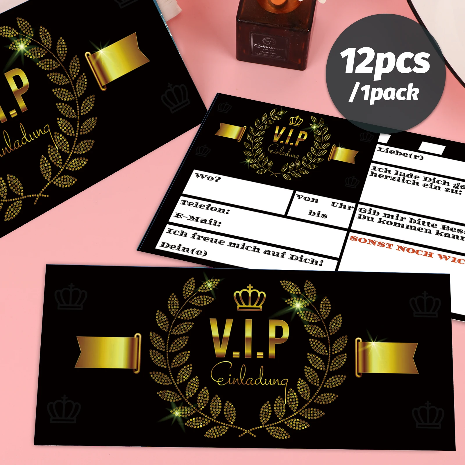 12 VIP-Einladungskarten aus Schwarzgold – Crown Birthday-Einladungskarte ist eine Premium-Einladungskarte für Geburtstagsfeiern Image