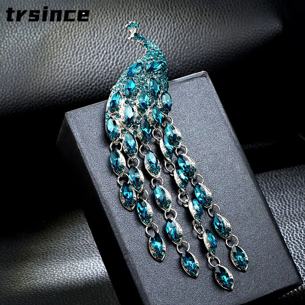 Vintage lange Tailed bunte Kristall Pfau Quaste Brosche Frauen Mode Pin exquisite Geschenk Image