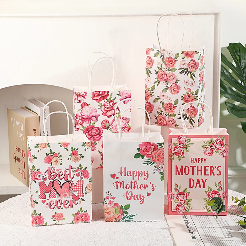 5 Stück Geschenktüte zum Muttertag mit Rosenmotiv, Kraftpapier-Einkaufstasche, Geschenkverpackung, Hochzeitsfeier, romantische Party-Dekoration Image