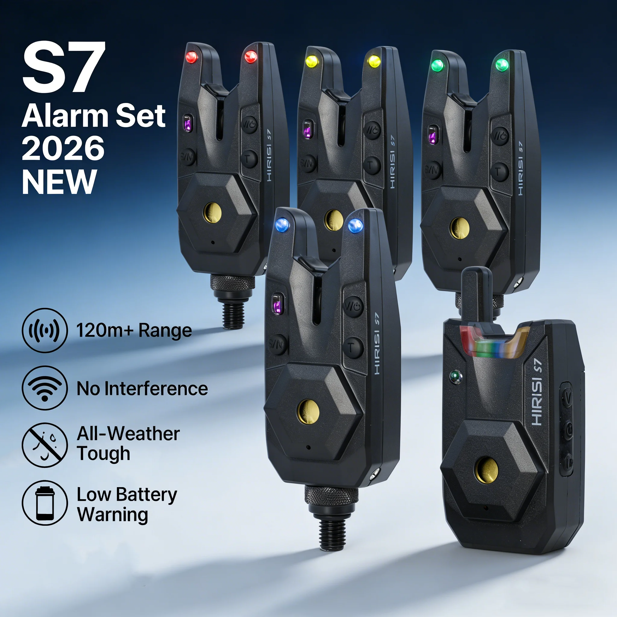 Hirisi Kabelloses Karpfenangel-Alarmset mit LED-Campinglampe 120m Reichweite Wasserdichtes Bissalarmsystem für Nachtangeln S7