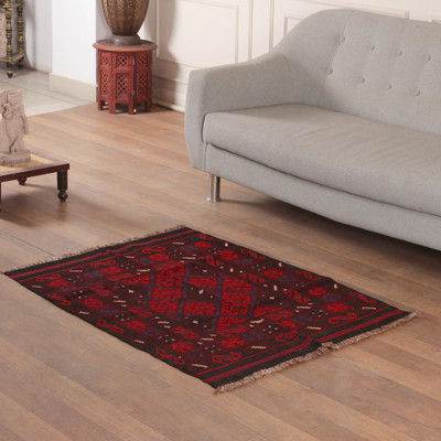 'Geometric Starry-Patterned Red and Blue 3x4 Wool Area Rug'