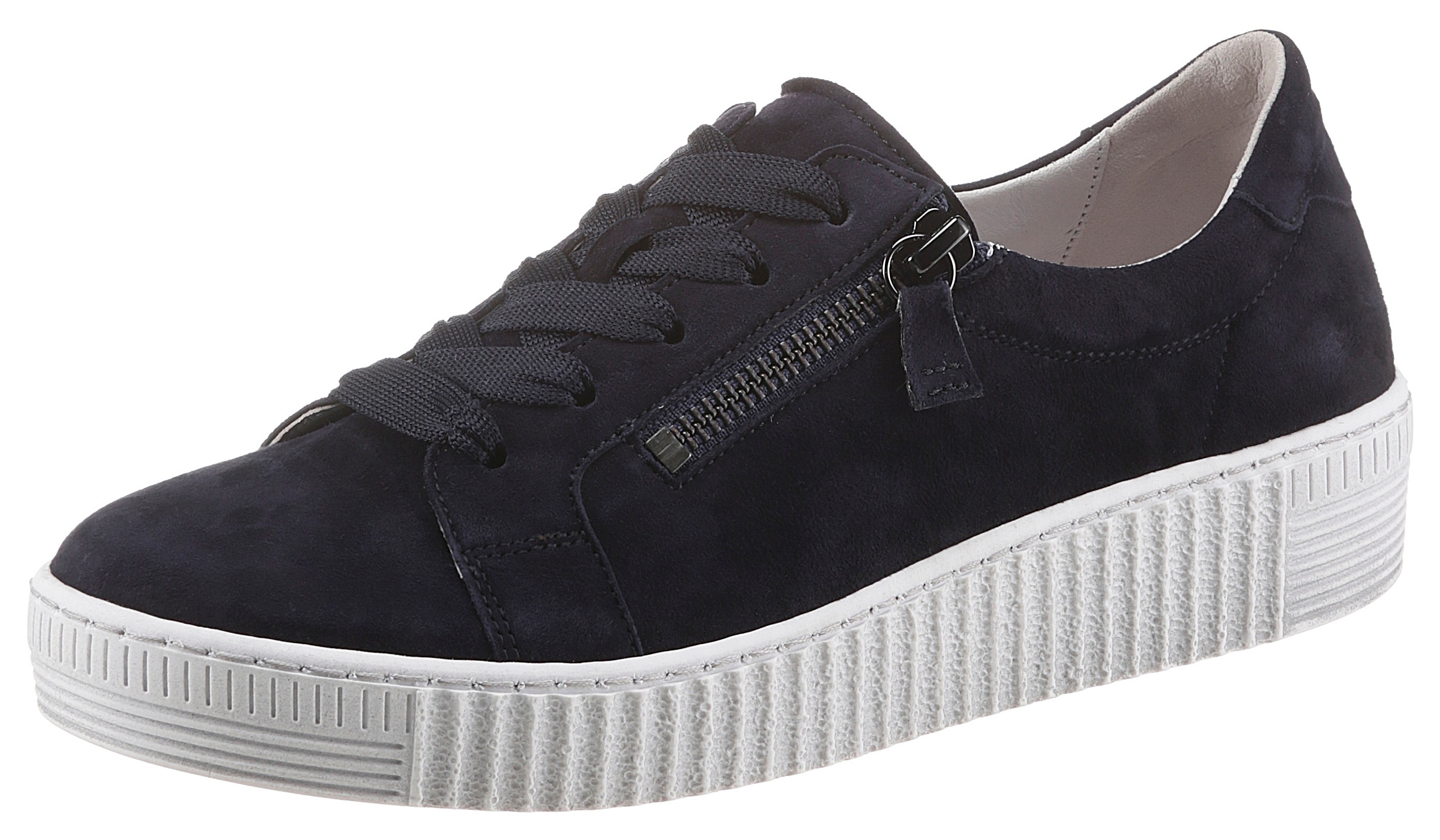 Plateausneaker GABOR, Damen, Gr. 35, blau (dunkelblau), Ziegenveloursleder, unifarben, Schuhe Plateausneaker, mit zwei Reißverschlüssen, Freizeitschuh, Halbschuh, Schnürschuh
