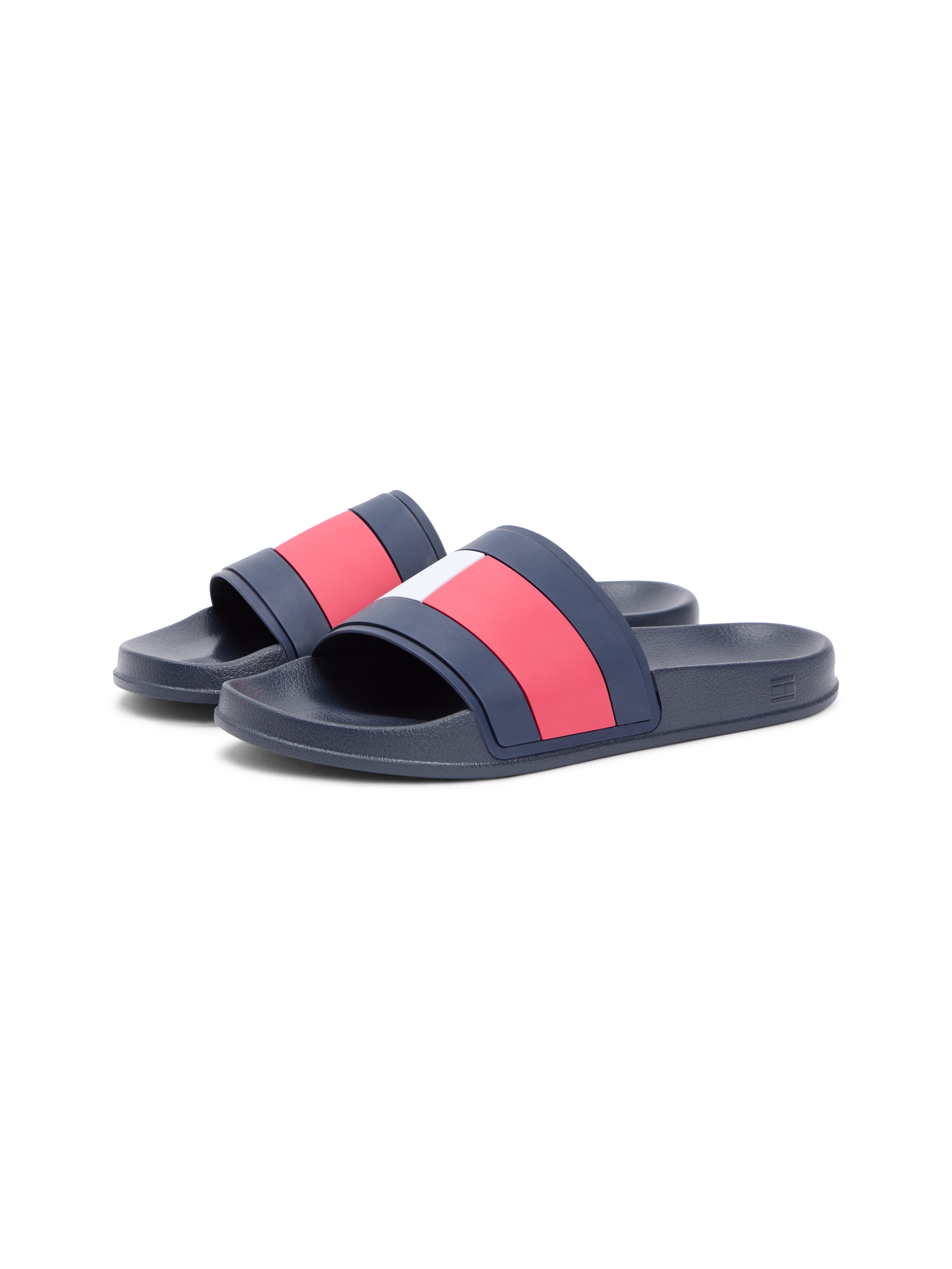 Pantolette TOMMY HILFIGER "CORE HILFIGER FLAG POOL SLIDE", Herren, Gr. 45, dunkelblau, Gummi, kontrastfarbene Details, Schuhe Pantolette, Strandschuh, Flats, Schlupfschuh in typischen Tommy Farben