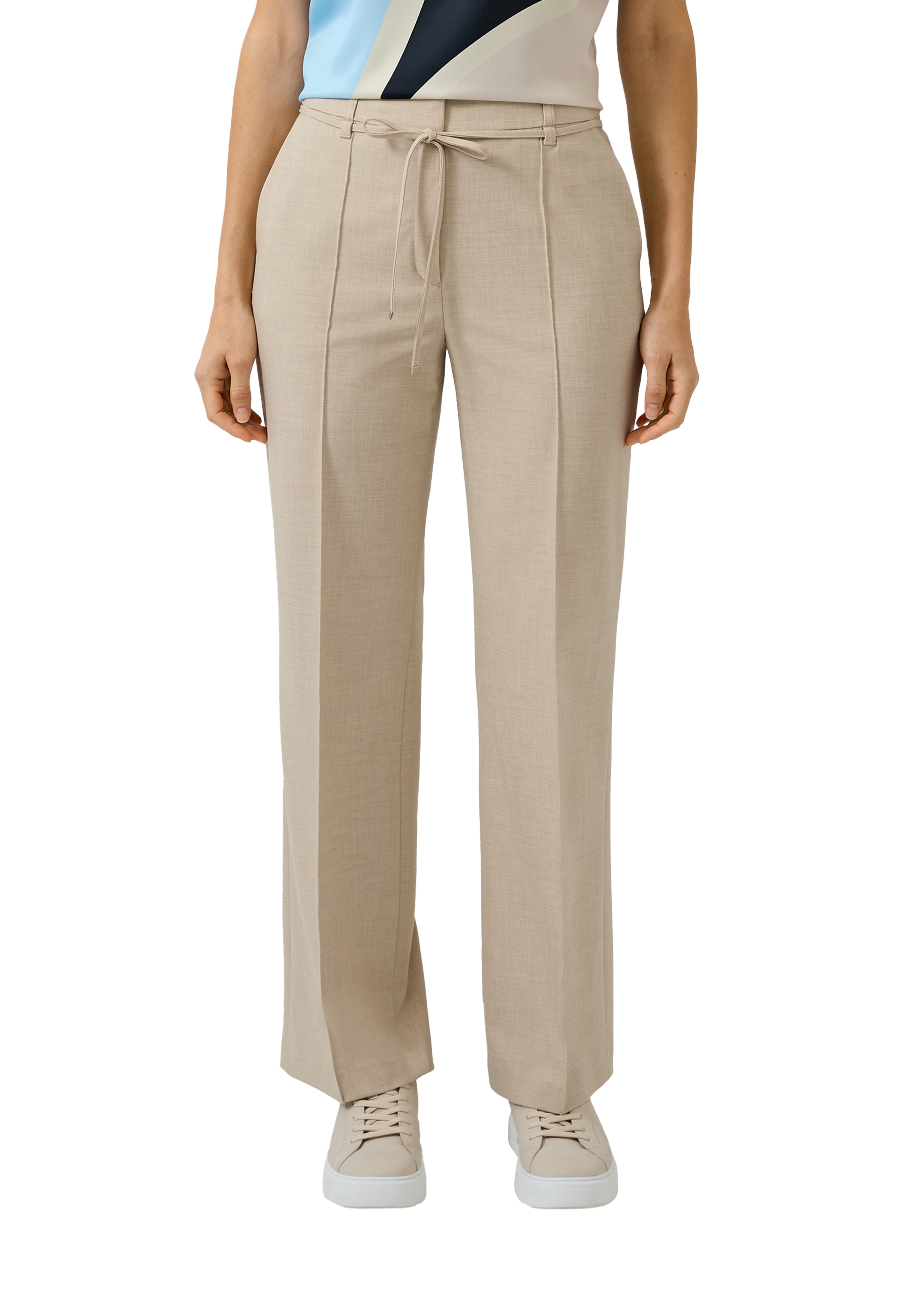 Anzughose S.OLIVER BLACK LABEL, Damen, Gr. 46, N-Gr, beige, Web, Obermaterial: 62% Polyester, 33% Viskose, 5% Elasthan, unifarben, regular fit lang, Hosen Anzughose, mit Bindeband