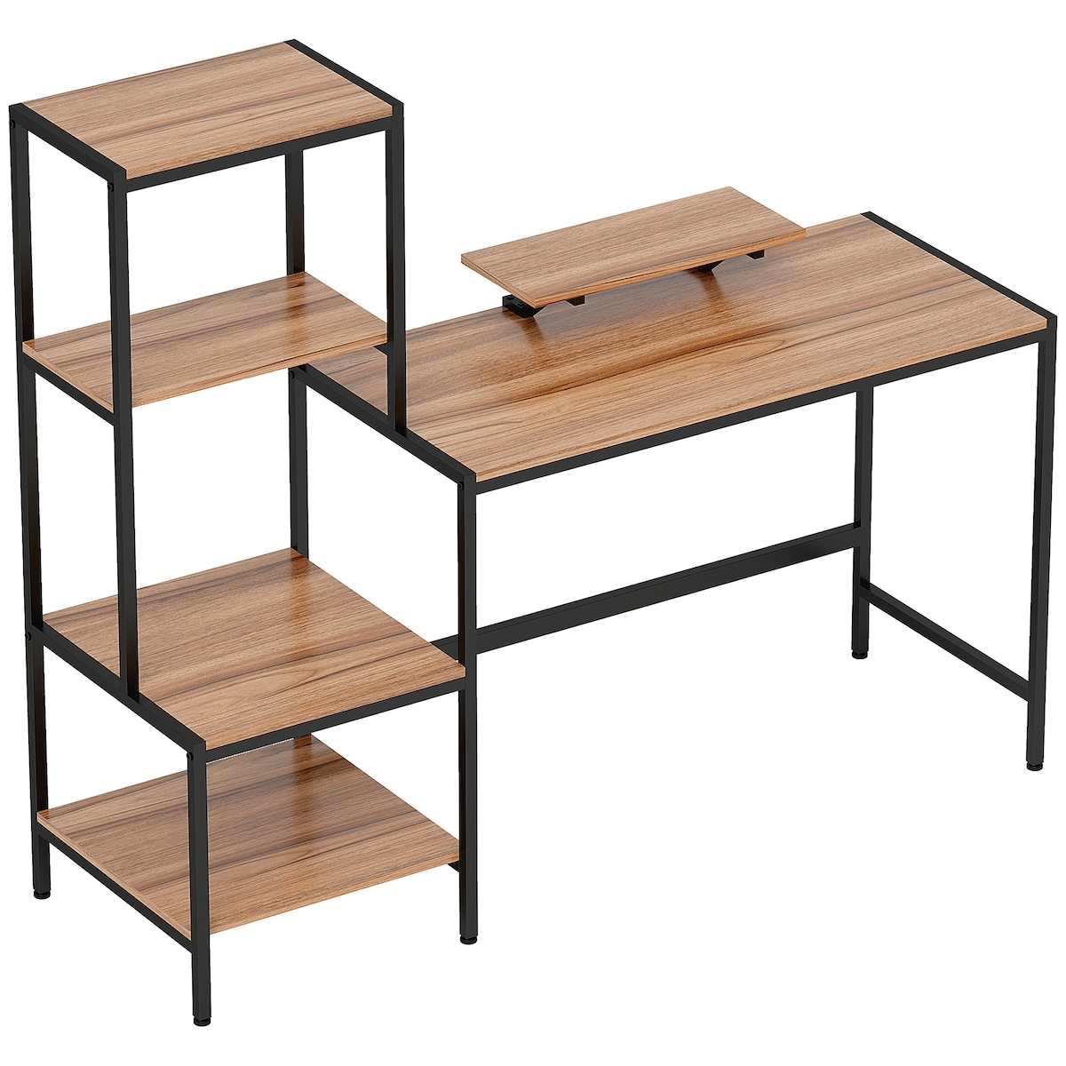 OKWISH Schreibtisch mit Regal Monitorerhöhung Braun 150x48x125 cm, umkehrbares 4 Ebenen Regal, stabiler Metallrahmen, ideal fürs Home Office Image
