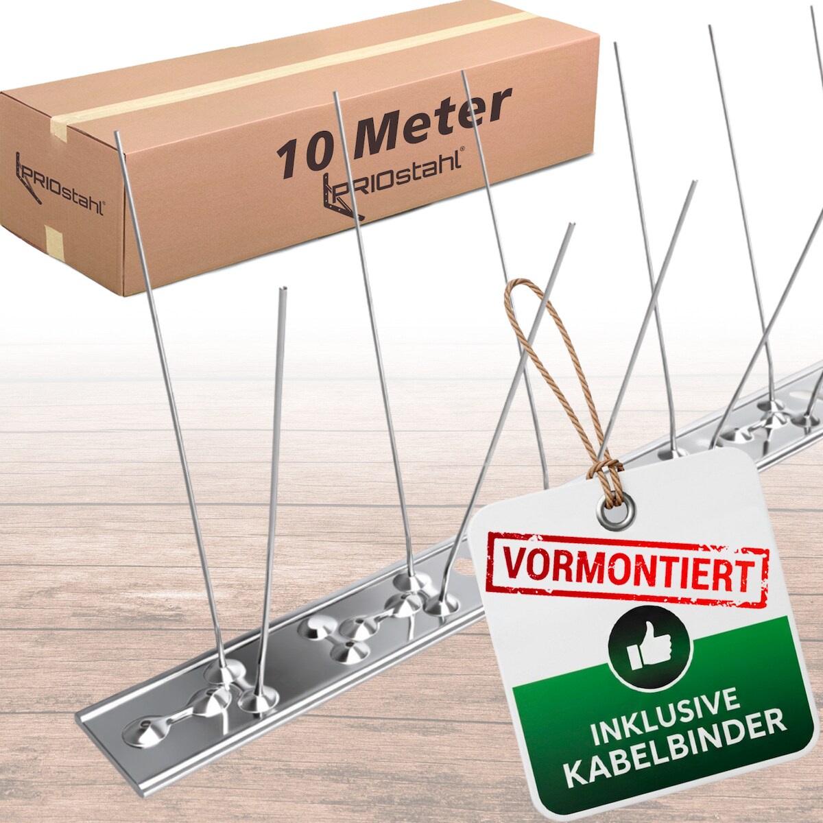 PRIOstahl Taubenabwehr Vogelschutz 2-reihig 10 Meter (10 x 100cm Spikes) + Kabelbinder aus Edelstahl Image