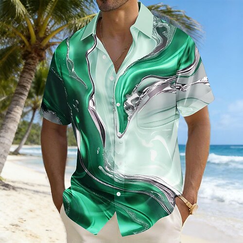 Herren Geometrisch Marmor Abstrakte flüssige Kunst Hemd Satinhemd Kleidhemd Kurzarm Modisch lässig Täglich Urlaub Sommer Frühling Umlegekragen 3D-Druck Hemden mit Knopfleiste Blau Gelb Purpur Grün Image