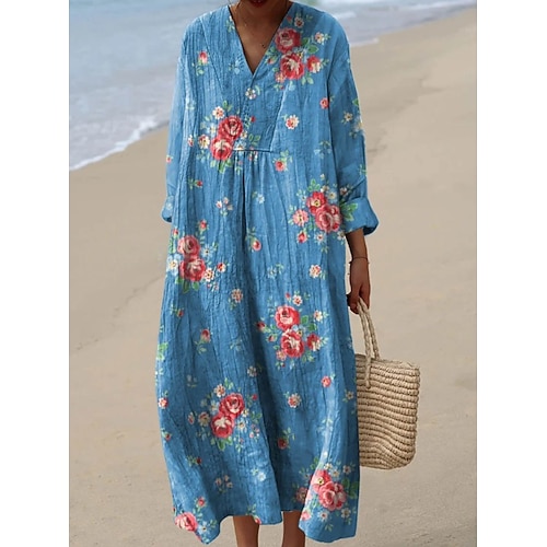 Damen Maxikleid Shiftkleid Urlaub Lässig Ausgehen Lässiger Schnitt Blumen Grafik Langarm V Ausschnitt Blau Blau Weiß Hellgrün Königliches Blau Sommer Frühling Image