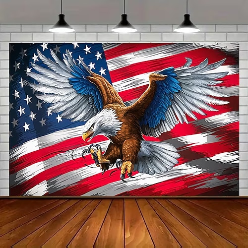 Wandteppich zum 250. Jahrestag der USA: Hoch aufragender Weißkopfseeadler vor amerikanischer Flagge – patriotische Wanddekoration für die Feierlichkeiten zum Unabhängigkeitstag am 4. Juli. Image