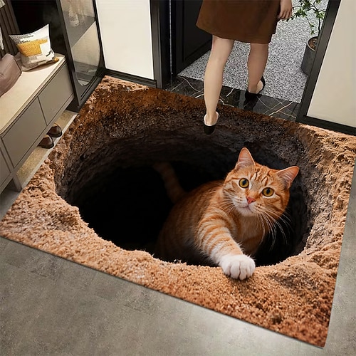 Fußmatte mit 3D-optischer Täuschung einer roten Katze, die aus einem Loch lugt – 2D-Flachdruck-Teppich für verspielte Eingangsbereichdekoration und einladende Willkommensmatte Image