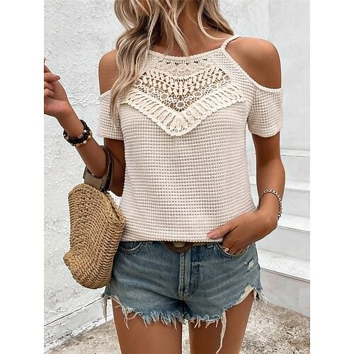 Damen Schulterfreies Oberteil Waffelstricktops Spitze Patchwork Bestickt Einfarbig Elegant Stilvoll Lässig Kurzarm Kalter Schulter-Ausschnitt Normale Oberteile Täglich Ausgehen Schwarz Aprikose Image