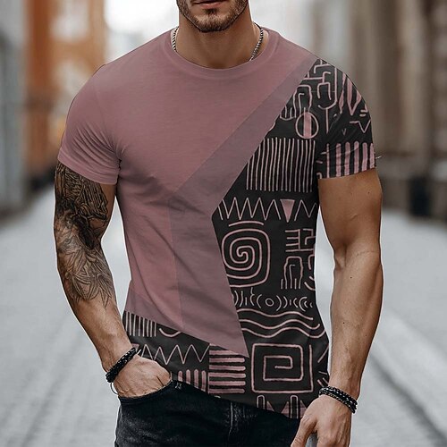 Herren-T-Shirt mit asymmetrischem Design, Stammesmotiv-Print, senfgelb, Kurzarm, Rundhalsausschnitt, Grafik-T-Shirt, Größen S, M, L, XL, XXL, XXXL
