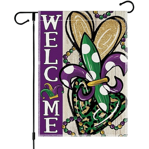 3er-Pack Mardi-Gras-Gartenflaggen, 30 x 45 cm, doppelseitig, lila, grün, goldfarben, mit Lilienmuster, für Garten, Terrasse, Rasendekoration, Karnevalsdeko