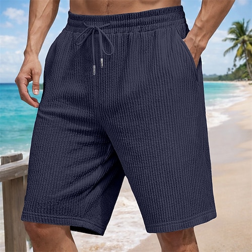 Herren Shorts Freizeitshorts Cordshorts Kordelzug Tasche Strukturiert Einfach Komfort Atmungsaktiv Knielang Lässig Outdoor Strand Urlaub Mode Schwarz Weiß Dehnbar Image
