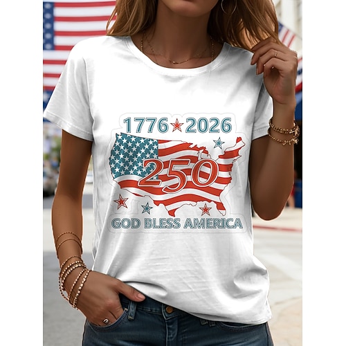 Unabhängigkeitstag Amerikanisches 250. Jubiläum Patriotisches Damen T-Shirt Grafischer Buchstabe Flag Vintage Stilvoll Lässig Kurzärmlig Rundhals Reguläre Tops Alltag Druck Schwarz Weiß Rot Sommer Image