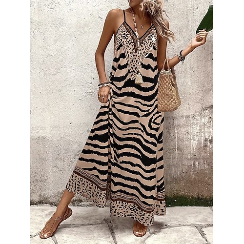 Damen Maxikleid Sommerkleid A Linie Kleid Unterkleid Urlaub Lässig Strand Ausgehen Lässiger Schnitt Grafik Tiermotiv Leopard Ärmellos V Ausschnitt Blau Weiß Rote cremefarben Sommer Frühling Image