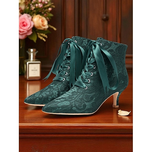 Grüne Schnürstiefeletten für Damen mit Satinband und kleinem Absatz – elegante Stiefel im Vintage-Stil im viktorianischen Stil für Damen, perfekt für Hochzeiten und Gatsby-Partys formelle Image