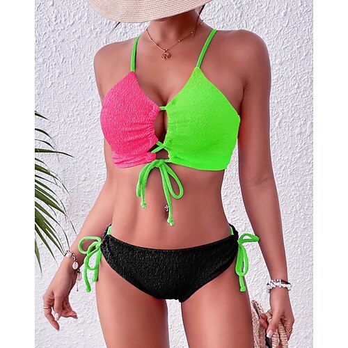 Damen Standard Surfing Tankinis Bikinis Bikini-Sets Badeanzug Farbblockierung Kordelzug Offener Rücken Gerafft UV Schutz Elastisch Ärmellos Bademode Surfen Tauchen Schwimmen Sommer Image