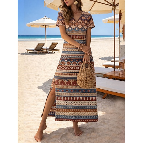 Damen Maxikleid A Linie Kleid Lässig Strand Normale Passform Grafik Geometrisch Paisley-Muster Kurzarm V Ausschnitt Weiß Rosa Rote Braun Sommer Frühling Image