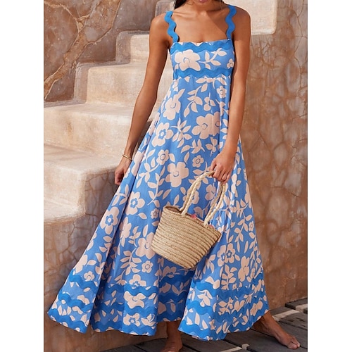 Damen Maxikleid A Linie Kleid Unterkleid Urlaub Lässig Outdoor Ausgehen Lässiger Schnitt Blumen Grafik Ärmellos Spaghettiträger Blau Marineblau Schwarz Himmelblau Sommer Frühling Image