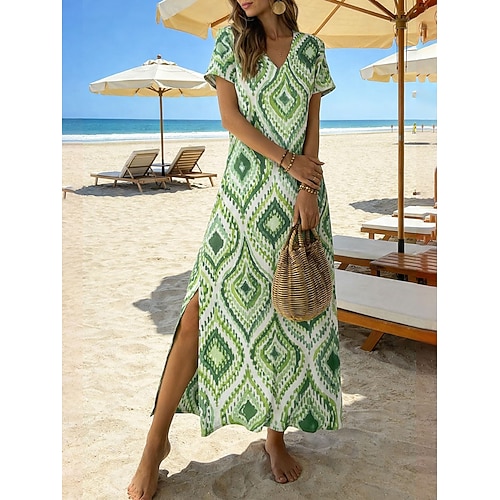 Damen Maxikleid A Linie Kleid Lässig Strand Lässiger Schnitt Blumen Grafik Kurzarm V Ausschnitt Rosa Purpur Grün Sommer Frühling Image