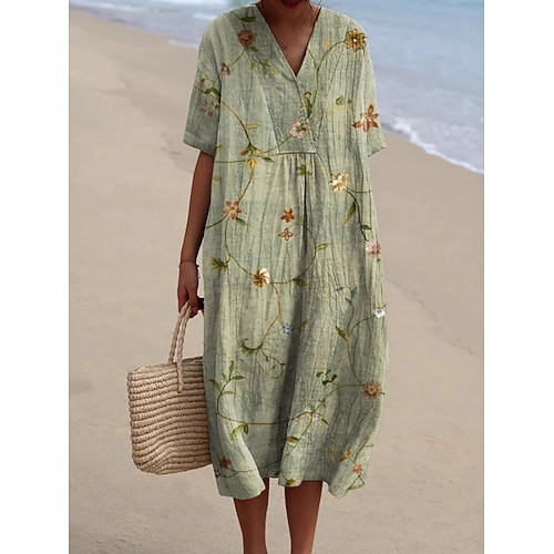Damen Midikleid Hemdblusenkleid Freizeitkleid Mode Basic Modern Täglich Outdoor Strand Normale Passform Blumen Kurzarm V Ausschnitt Hellgrün Purpur Grün Khaki Sommer Frühling Image