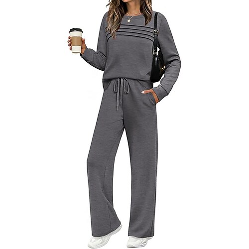 Damen Hosen-Sets Bolero-Oberteil Langarm Rundhals Einfach Gerafft Kordelzug Elegant Mode Streetwear Lässig Täglich Outdoor Dunkelgrau Schwarz Armeegrün Frühling Normale Passform Image