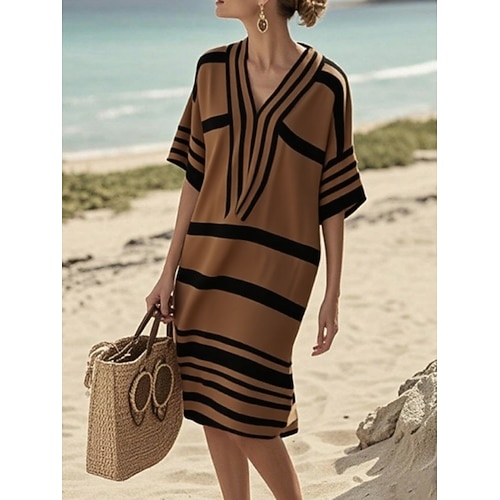 Damen Midikleid Shiftkleid Urlaub Lässig Outdoor Ausgehen Normale Passform Gestreift Halbarm V Ausschnitt Schwarz Gelb Braun Sommer Frühling Herbst Image