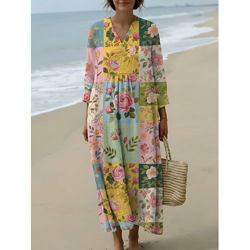 Damen Midikleid Freizeitkleid Shiftkleid Vintage Täglich Outdoor Urlaub Lässiger Schnitt Blumen Tropisch Langarm V Ausschnitt Grün Sommer Frühling Herbst