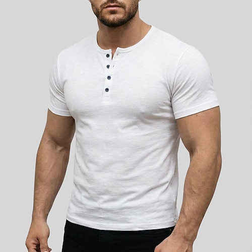 Herren T Shirt Henley Hemd T-Shirt T-Shirt aus 100 % Baumwolle Kurze Ärmel Einfach Designer Basic Moderne zeitgenössische Knöpfe Henley Lässig Urlaub Straße Sommer Weiß Braun Kaki Henley T-Shirt Image