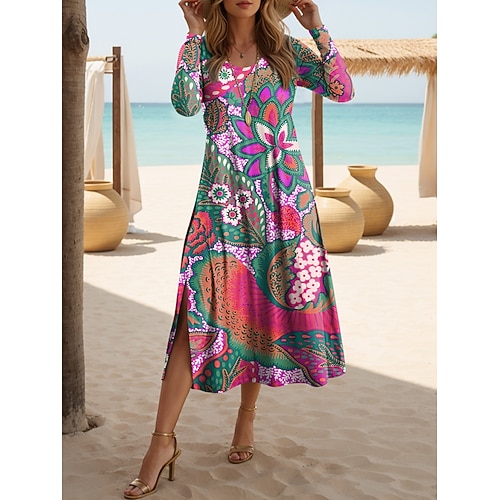 Damen Midikleid T-Shirt-Kleid Lässig Täglich Normale Passform Blumen Grafik Langarm Rundhalsausschnitt Blau Gelb Rosa Orange Sommer Winter Image