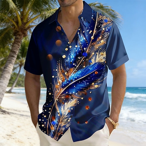 Herren Feder Abstrakte Kunst Hemd Satinhemd Kleidhemd Kurzarm Modisch lässig Täglich Urlaub Sommer Frühling Umlegekragen 3D-Druck Hemden mit Knopfleiste Dunkelblau Image