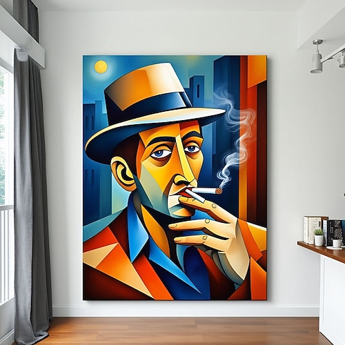 Moderner expressionistischer Mann raucht, abstraktes Porträt im Picasso-Stil, Wandbild, blau-orange, Wohndekoration, zeitgenössische Kunst auf Leinwand, einzigartiger Charakter Image