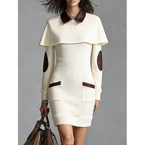 Damen Minikleid Pulloverkleid Etui-Kleid Shiftkleid Elegant Mode Modern Täglich Outdoor Urlaub Normale Passform Farbblock Langarm Hemdkragen Beige Herbst Winter Image