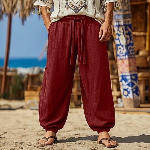 Herren Leinenhosen Sommerhose Baggy-Hosen Elastischer Bund Einfach Komfort Atmungsaktiv Volle Länge Lässig Täglich Outdoor Urlaub Vintage Armeegrün Rote Unelastisch Image