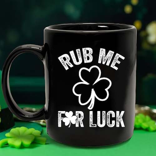 St. Patrick's Day Geschenkbecher „Reib mich für Glück" Kleeblattbecher, verspielter Keramik-Kaffeebecher, perfekt für Glücksbringer zum St. Patrick's Day und alle, die Glück suchen Image