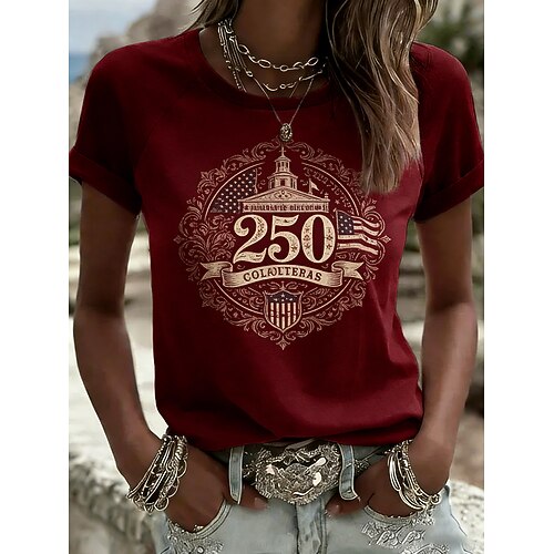 Unabhängigkeitstag Amerikanisches Jubiläum Patriotisches Damen T-Shirt Grafik Flagge Vintage Stilvoll Legere Kurzarm Rundhals Reguläre Tops Täglicher Druck Weiß Rot Beige Sommer Frühling Image