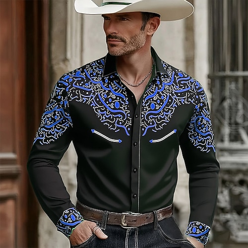 Herren Blumendruck Ethnisch Abstrakte Kunst Hemd Westernhemd Cowboy-Shirt Langarm Vintage-Retro Lässig Outdoor Arbeitskleidung Frühling Herbst Umlegekragen 3D-Druck Leinenähnliches Hemd Hemden mit Image