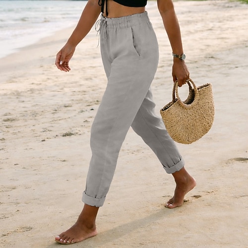 Damen Leinenhosen Hose Sommerhose Strandhose Urlaub Mode Alltagstauglich Volle Länge Hohe Taille Einfach Tasche Elastisches Kordelzugdesign Komfort Schnelltrocknend Weich Unelastisch Streetwear Image