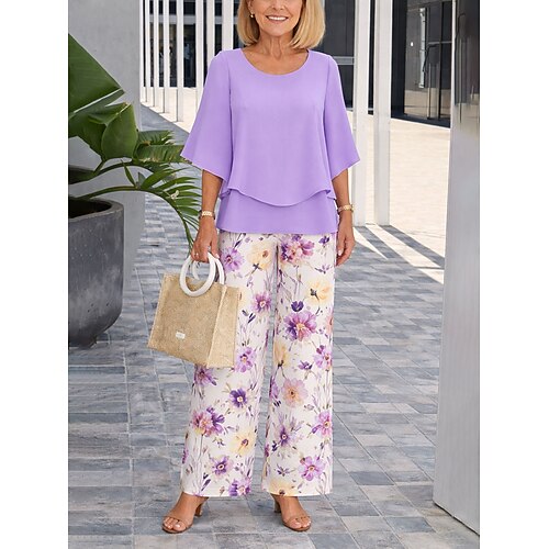 Damen Hosen-Sets Halbarm Schmetterling Rundhals Blumen Grafik Elegant Urlaub Lässig Täglich Blau Marineblau Purpur Sommer Lässiger Schnitt Image