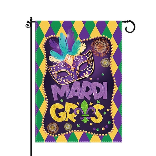 2er-Pack Mardi-Gras-Gartenflaggen, 30 x 45 cm, doppelseitig, lila-grün-goldene Lilienmuster, Hausflaggen für Garten, Terrasse, Rasendekoration, Karnevalsdeko Image