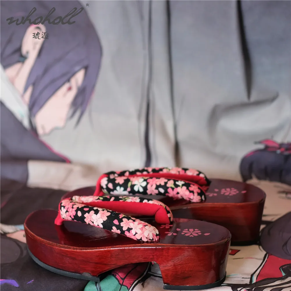 WHOHOLL Frauen Rot Geta Japanischen Holz Clogs Hausschuhe Für Frauen Sommer Flip-Flops Sakura Drucken Cosplay Frauen Schuhe Plus Größe 42
