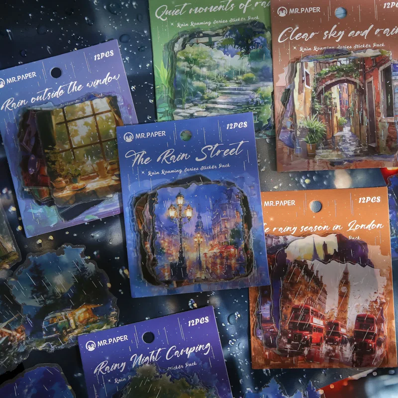 12 Blatt große PET-Aufkleber, regnerische Landschaft, dekorativ, handgefertigt, Scrapbooking-Material, Tagebuch, Album, Bastelbedarf Image