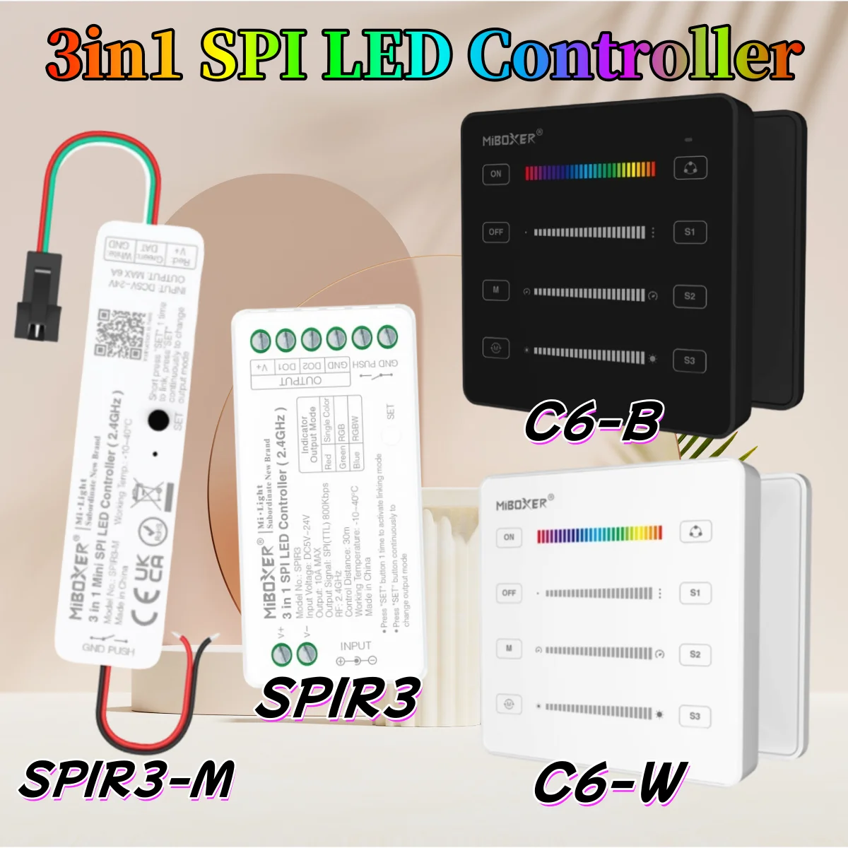 MiBoxer 3in1 SPI LED Controller SPIR3/SPIR3-M/C6/B6 DC5/12/24V für WS2812 Pixel Streifen mit RF SPI Fernbedienung Einfarbig + RGB + RGBW Image