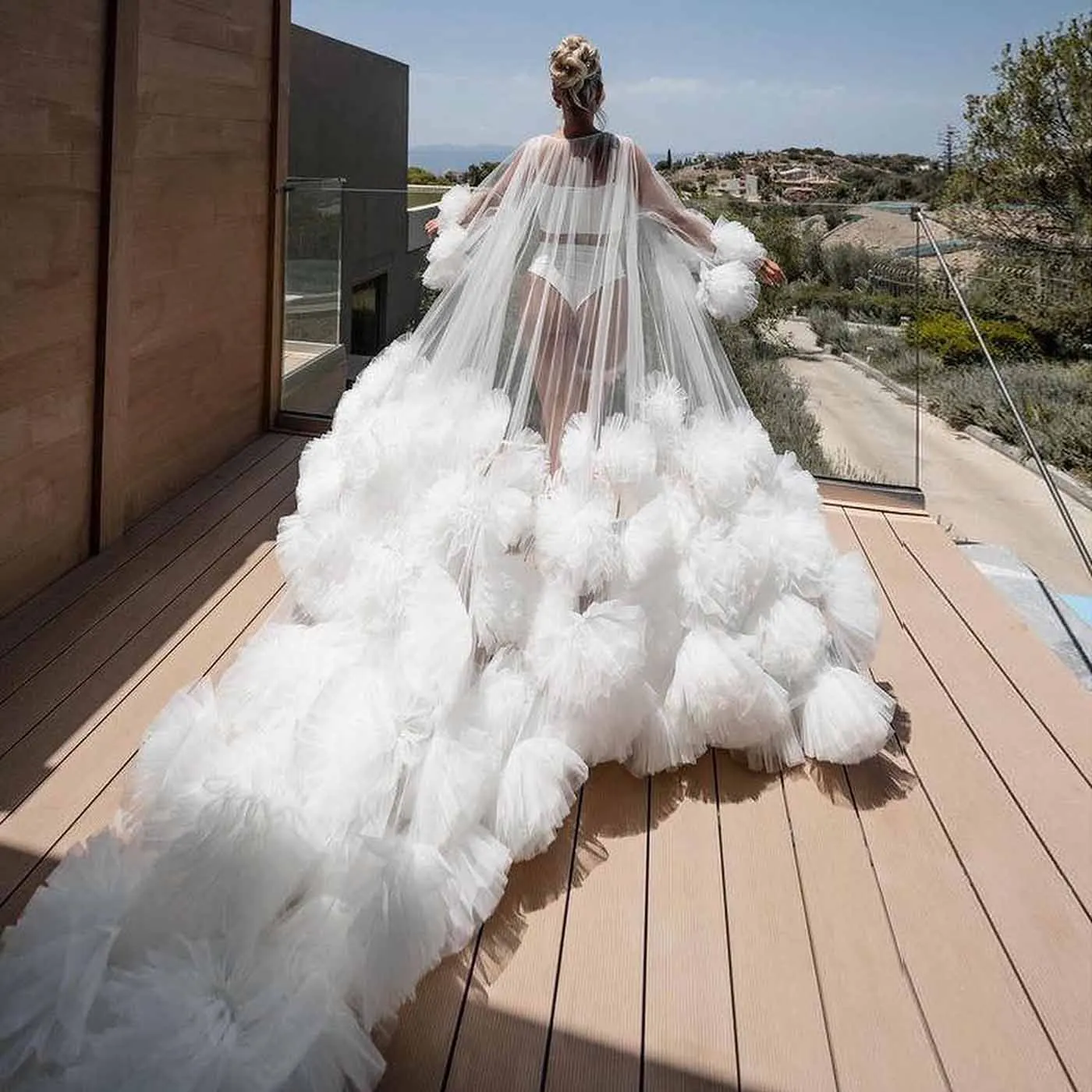 Luxus Ball Blumen Frauen Cape Party Robe Braut Bademantel Hochzeit Foto Schießen Kleid Sheer Tüll Mutterschaft Fotografie Kleid Image